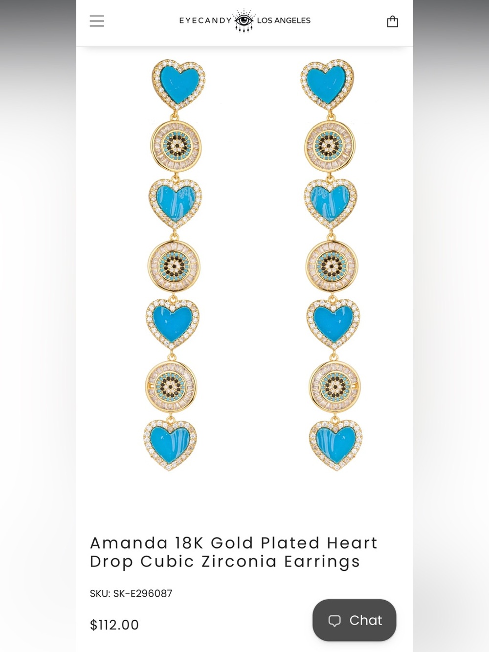 NEW EyeCandy Los Angeles Amanda 18K Gold Plated Evil Eye Heart Drop CZ earrings